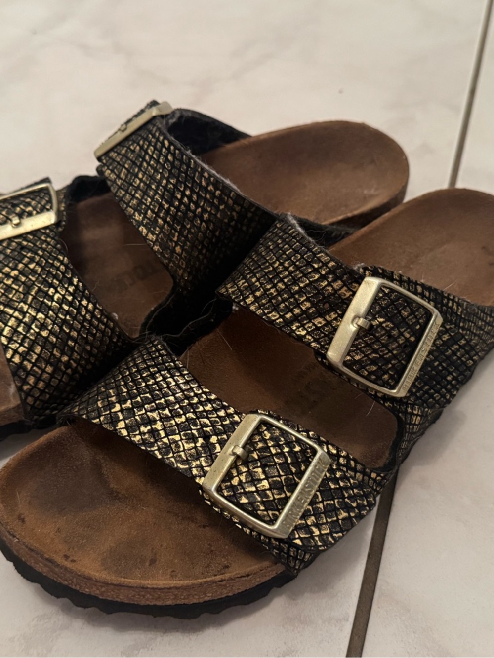 Birkenstock Metallic Black Snake-Print Double Buckle Sandals